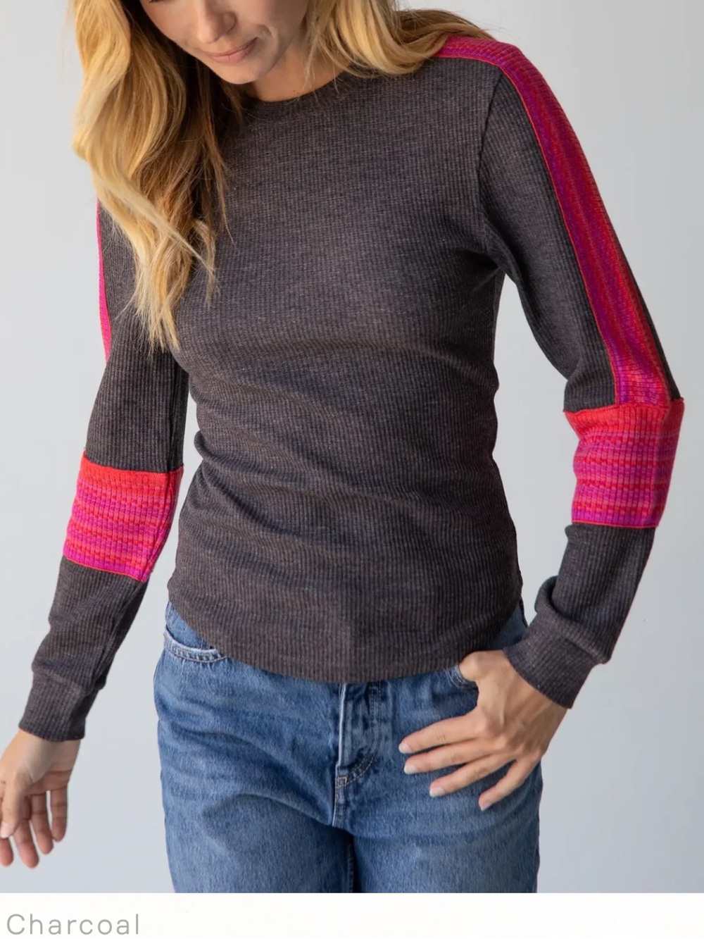 Natural Life Charcoal Ribbed Crewneck London Trim Top size Large